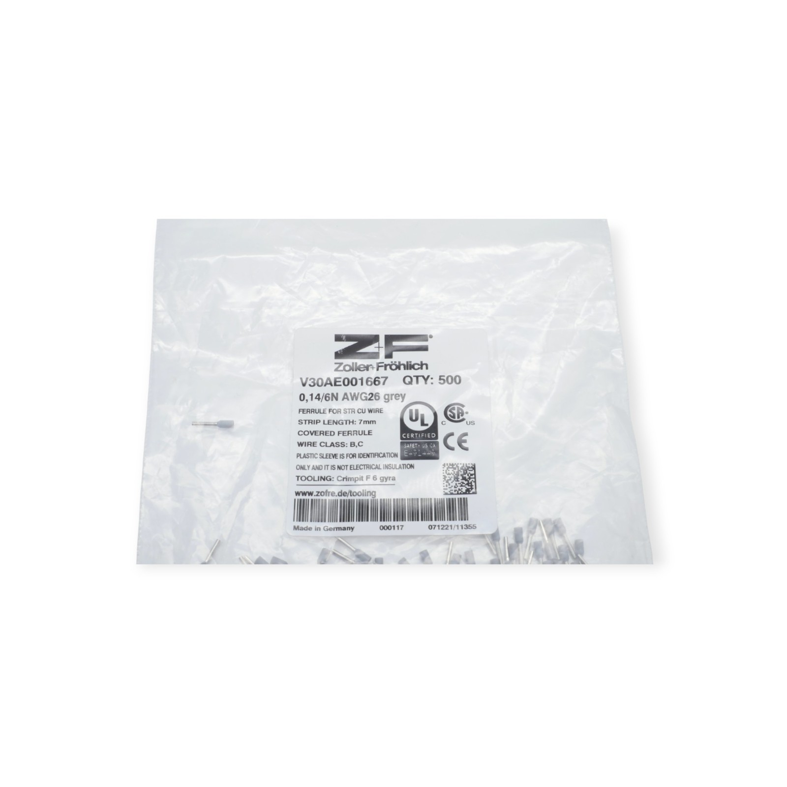 500 Stück Zöller+Fröhlich Aderendhülsen V30AE001667 0,14/6N AWG26 grau – Bild 2