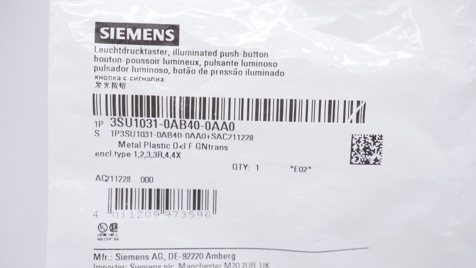 Siemens 3SU1031-0AB40-0AA0 Leuchtdrucktaster grün – Bild 3