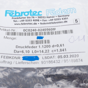 450 Stück Febrotec 0C0240-0240560M Druckfeder 1.1200 d=0,61 Da=6,10 L0=14,22