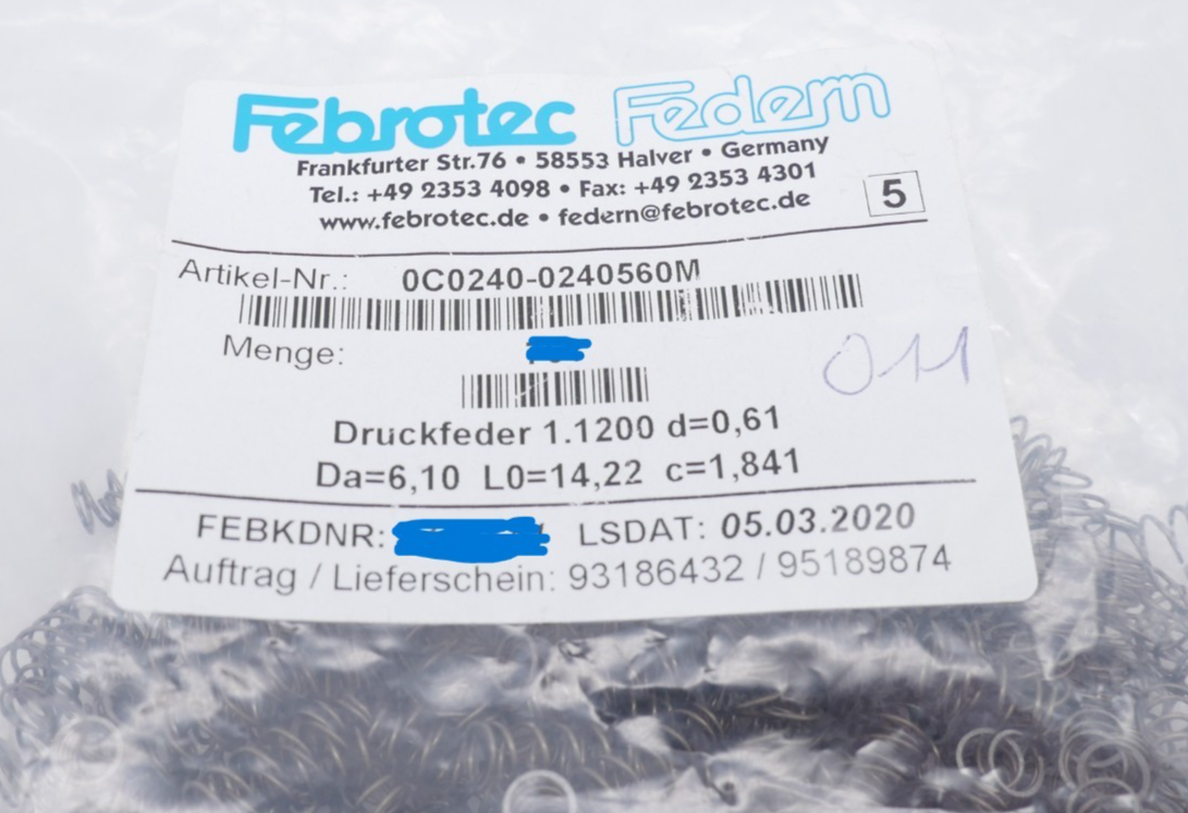 450 Stück Febrotec 0C0240-0240560M Druckfeder 1.1200 d=0,61 Da=6,10 L0=14,22