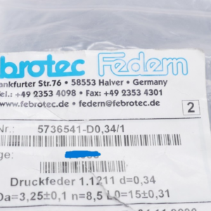 7000 Stück Febrotec 5736541-D0,34/1 Druckfeder 1.1211 d=0,34 Da=3,25 n=8,5 L0=15