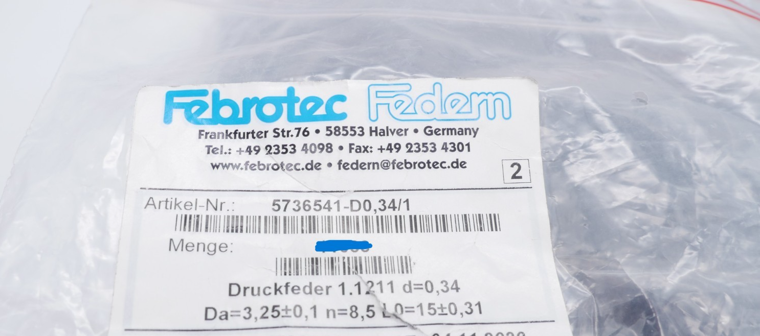 7000 Stück Febrotec 5736541-D0,34/1 Druckfeder 1.1211 d=0,34 Da=3,25 n=8,5 L0=15
